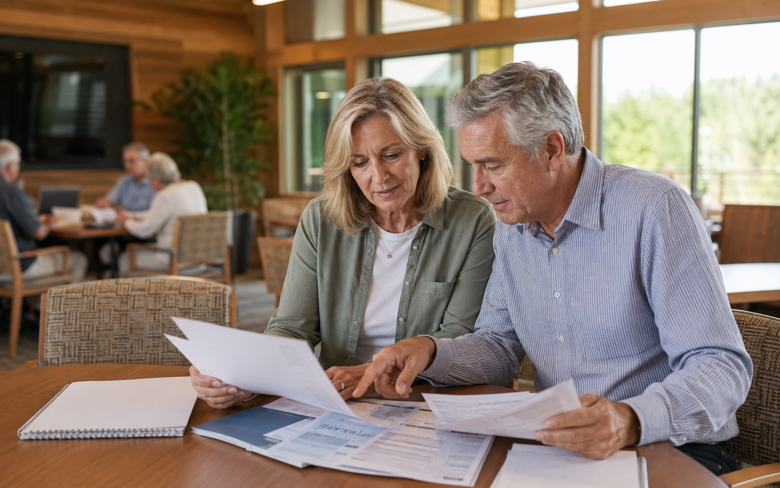 Timeshare owners reviewing paperwork together at a seminar